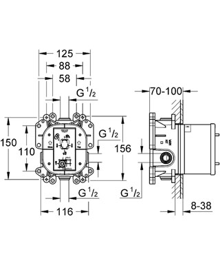 Grohe Eurosmart 19382 000 Cosmopolitan falsík alatti kádcsaptelep külső rész+Grohe Rapido E 35501 000 Falba sülly. kád-zuhany csaptelep belsőrész