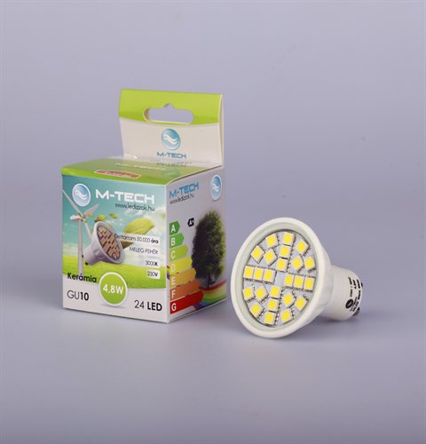 M-Tech GU10 Spot 24 LED SMD, 230V, 4,5W, 290Lm Meleg Fehér 3000K kerámia 5050, MTL413 led izzó