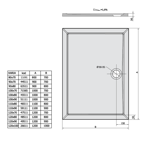 Sapho POLYSAN KARIA 90x80 cm öntöttmárvány zuhanytálca, fehér 63511