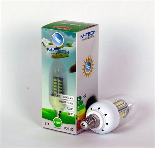 M-Tech E14 Candle 80 LED SMD 230V, 4,8W 300Lm Hideg Fehér 6500K, 3528, MTL443 led izzó