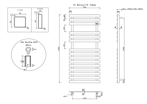 Sapho TRUVA 500x1200 mm fürdőszobai radiátor, szálcsiszolt inox NR312