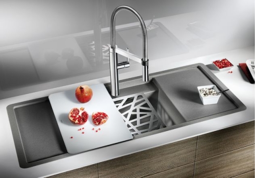 BLANCO ALAROS 6S-F Silgranit munkalap szintbe építhető mosogató tartozékokkal (palaszürke / fekete üveg vágólap, #518822)