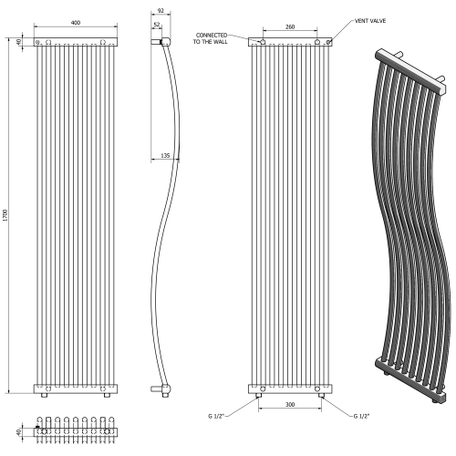 Sapho ONDA 400x1700 mm fürdőszobai radiátor, króm 1801-05