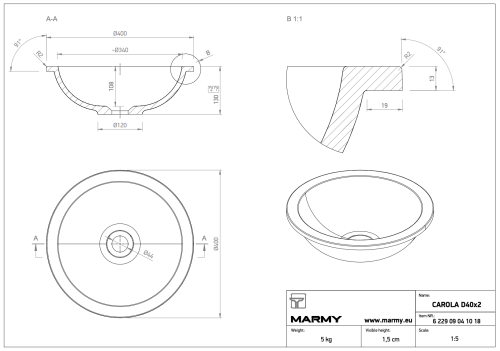 Marmy CAROLA 40 cm mosdó, fehér 6 229 09 04 10 18