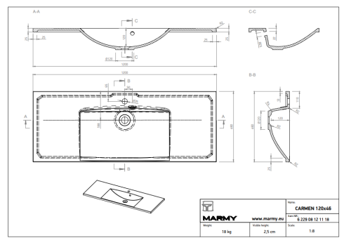 Marmy Carmen 120x46 beépíthető öntött márvány mosdó 6 229 08 12 11 18