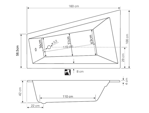 Aqualine Metuje 160x100 aszimmetrikus kád (beépíthető / balos, 160x100 cm, #G2610)