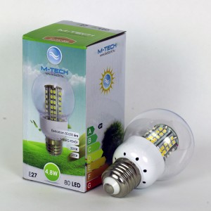M-Tech E27 Global 80 LED SMD 230V, 4,8W, 300Lm Meleg Fehér 3000K, 3528, MTL407 led izzó