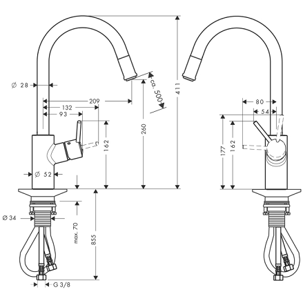 Hansgrohe Talis S2 Variarc Egykaros rozsdamentes acél hatású konyhai csaptelep kihúzható kifolyóval 14872 800 (14872800)