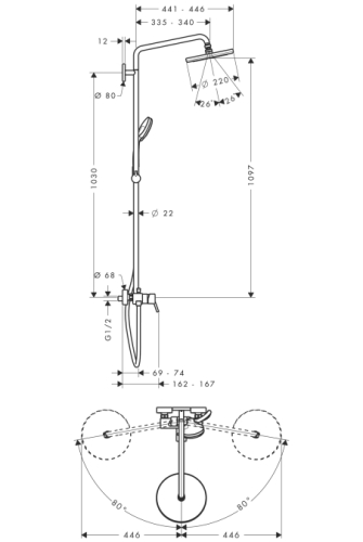 Hansgrohe Croma 220 Air 1jet Showerpipe zuhanyrendszer egykaros csapteleppel 27222 000 (27222000)