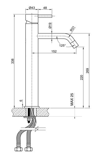 Sapho MINIMAL magasított mosdó csaptelep, inox MI202