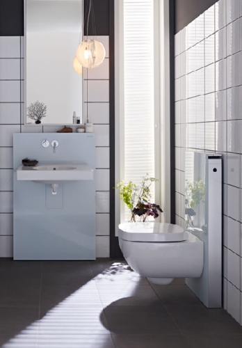 Geberit Monolith 131.040.SI.1 fehér üveg szerelőmodul mosdóhoz, fali csaptelephez jobb oldali kezelővel, bal oldali tárolóval