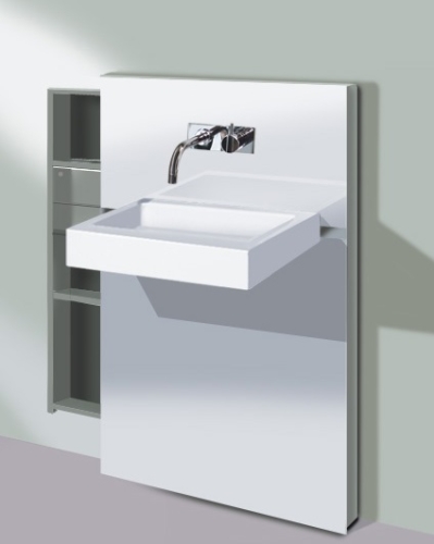 Geberit Monolith 131.040.SI.1 fehér üveg szerelőmodul mosdóhoz, fali csaptelephez jobb oldali kezelővel, bal oldali tárolóval