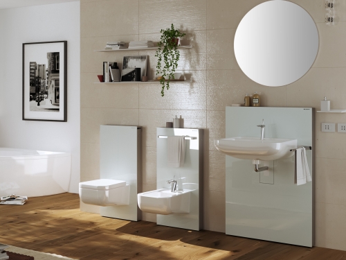 Geberit Monolith 131.040.SI.1 fehér üveg szerelőmodul mosdóhoz, fali csaptelephez jobb oldali kezelővel, bal oldali tárolóval