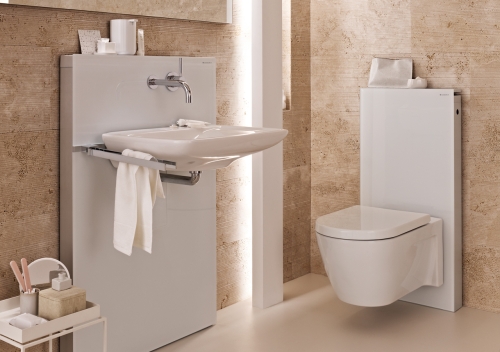 Geberit Monolith 131.040.SI.1 fehér üveg szerelőmodul mosdóhoz, fali csaptelephez jobb oldali kezelővel, bal oldali tárolóval