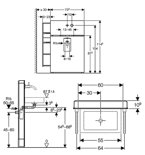 Geberit Monolith 131.040.SI.1 fehér üveg szerelőmodul mosdóhoz, fali csaptelephez jobb oldali kezelővel, bal oldali tárolóval