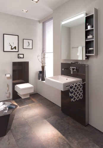 Geberit Monolith 131.040.SQ.1 barna üveg szerelőmodul mosdóhoz, fali csaptelephez jobb oldali kezelővel, bal oldali tárolóval
