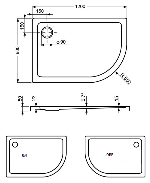 Roltechnik Flat Asymmetric íves aszimmetrikus zuhanytálca (120x80 cm, balos, #8000245)