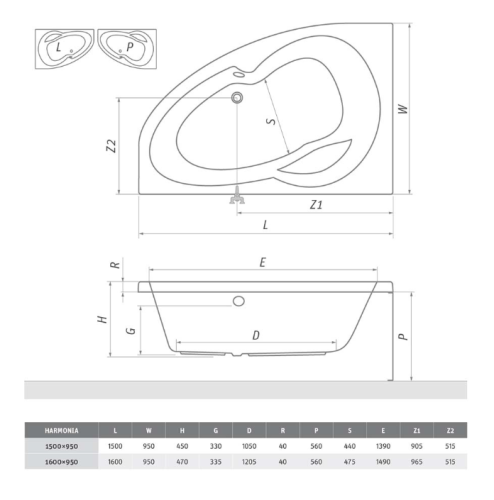 Roltechnik Harmonia 150x95 aszimmetrikus kád   (balos, 150x95 cm, #9800000)