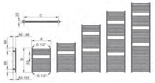 Betatherm BP fürdőszobai csőradiátor (550x1827 mm, fehér, 1102 W, #BP 55180)