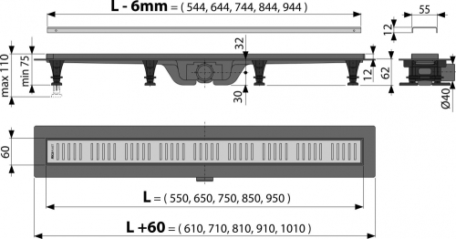 Alcaplast APZ10-950M Simple műanyag zuhanyfolyóka fém ráccsal (950 mm)