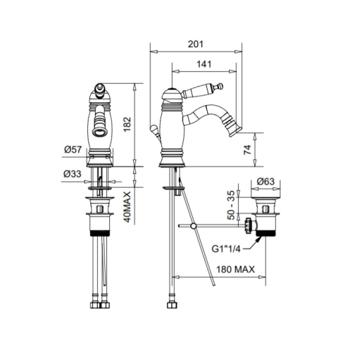 Bugnatese Oxford 6325CRDO Alacsony bidet csaptelep leeresztővel CRDO / KRÓMARANY