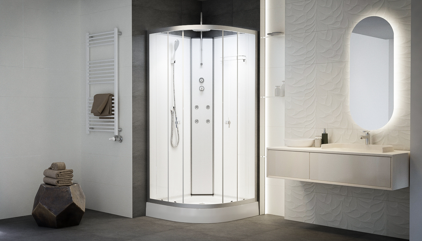 Sanimix 90x90 cm negyedköríves hátfalas hidromasszázs zuhanykabin zuhanytálcával, fehér üveg 22.181 WHITE/2
