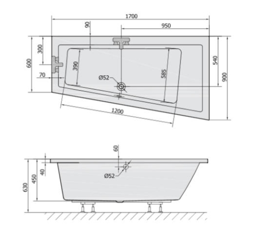 Polysan ANDRA R 170x90x45cm-es aszimmetrikus kád, jobbos (81511)