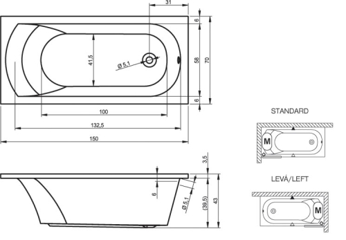 Riho Miami 150x70 egyenes kád (BB58) B058001005