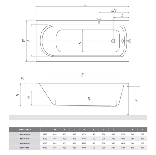 Roltechnik Vanessa Neo 140x70 egyenes kád (9550000)