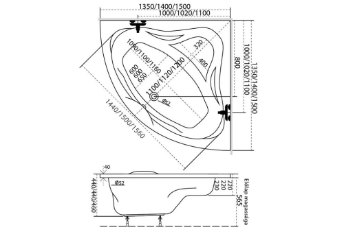M-Acryl Rita 135x135 cm-es sarokkád kádlábbal 12002