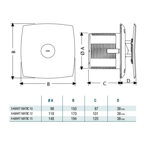 Cata X-MART 10 MATIC H páraérzékelős, inox fürdőszobai axiál ventilátor 01047000