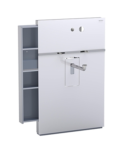 Geberit Monolith 131.040.SI.1 fehér üveg szerelőmodul mosdóhoz, fali csaptelephez jobb oldali kezelővel, bal oldali tárolóval