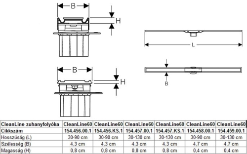 Geberit Cleanline60 zuhanyfolyóka 30-90 cm hosszú, padló síkba épített, fényes/szálcsiszolt rozsdamentes acél 154.456.KS.1 / 154456KS1