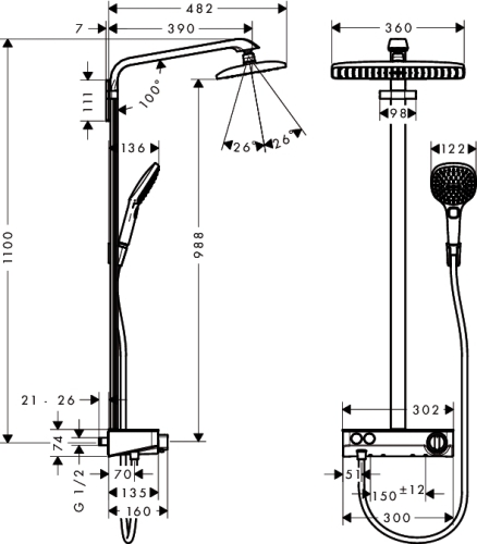 Hansgrohe Raindance Select E 360 ST Showerpipe EcoSmart 9 l/perc, fehér/króm 27287 400 (27287400)