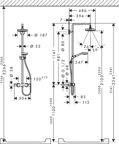Hansgrohe Croma Select S 180 2jet showerpipe fehér/króm zuhanyrendszer EcoSmart 9l/perc 27254 400 (27254400)