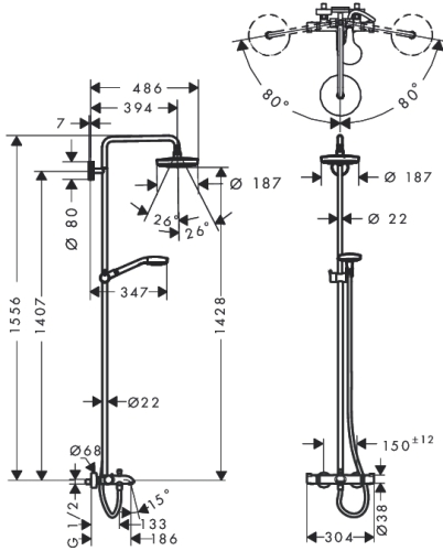 Hansgrohe Croma Select S 180 2jet showerpipe zuhanyrendszer kádhoz fehér/króm 27351 400 (27351400)