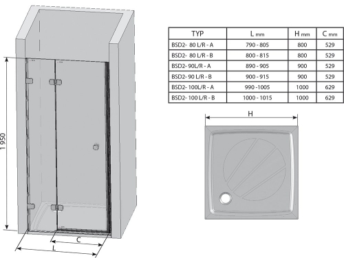 Ravak Brilliant BSD2 kételemes 80 cm-es zuhanyajtó, balos 0UL4AA00Z1 (B SET -zsanér nélkül)