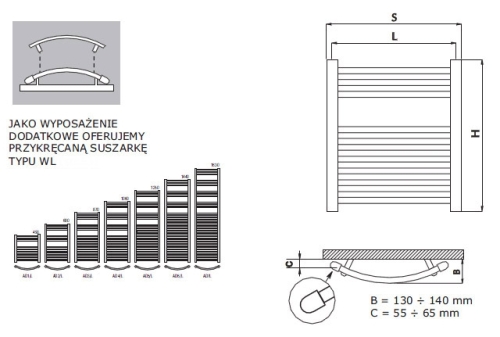 Radeco Adamo AD2-265/L D profilos íves típusú törölközőszárítós csőradiátor (250 W, fehér, 680x315 mm)