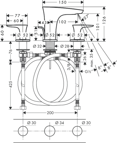 Hansgrohe  PuraVida 3-lyukú mosdócsaptelep automata lefolyó-garnitúrával króm 15063 000 (15063000)
