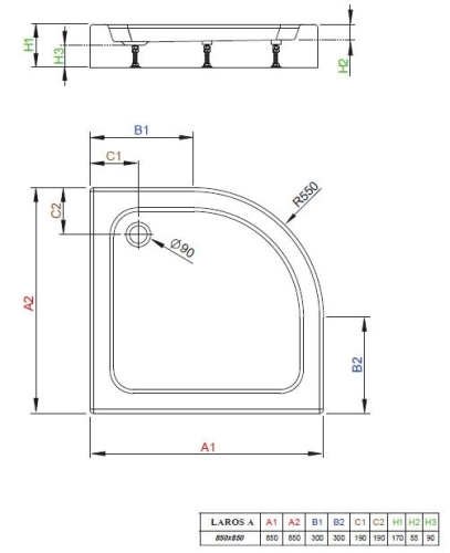 Radaway Laros A 85x85 cm-es negyedköríves zuhanytálca szifonnal (SLA8585-01)