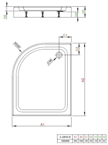 Radaway Laros E 100x80 íves, aszimmetrikus, jobbos zuhanytálca (SLE81017-01R)