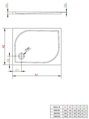 Radaway Delos D 80x75 cm -es szögletes zuhanytálca szifonnal (4D87545-03)