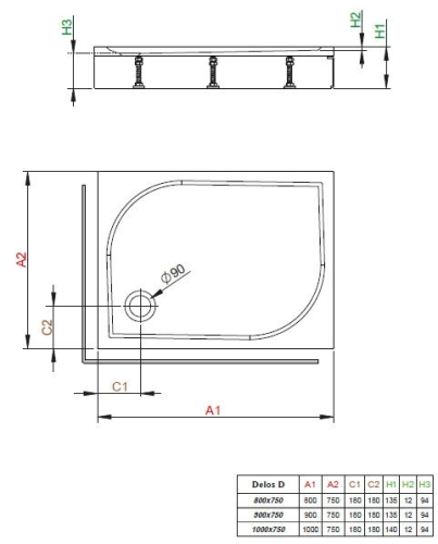 Radaway Delos D 80x75 cm -es szögletes előlapos zuhanytálca szifonnal, jobbos 4D87514-03R