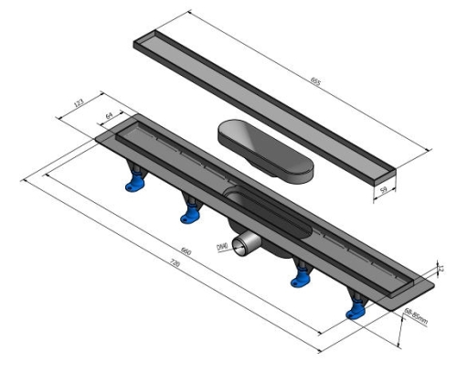 Sapho TILE műanyag padlóösszefolyó, inox rosttal , L=720mm (72837)