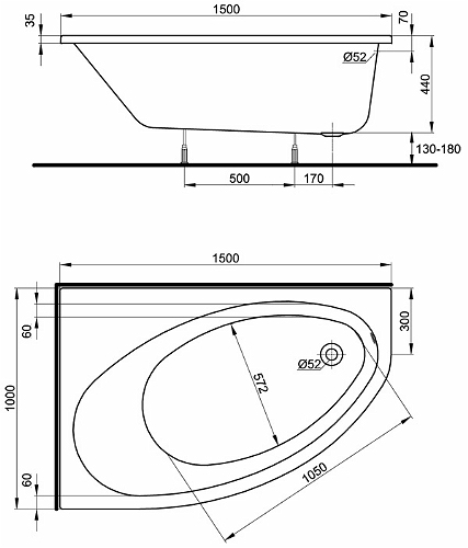 Kolo Elipso aszimetrikus kád, balos 150 (150x100x44 cm, XWA0851000)