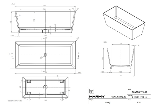 Marmy QUADRO 175x80 cm szabadon álló öntöttmárvány kád, fehér 6 229 90 18 10 18 (K)