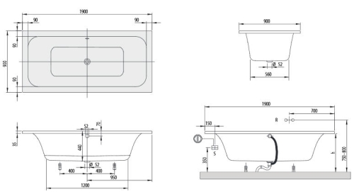 Villeroy & Boch Loop & Friends, Duo, 190x90 cm fürdőkád szögletes belső formával UBA199LFS2V-01