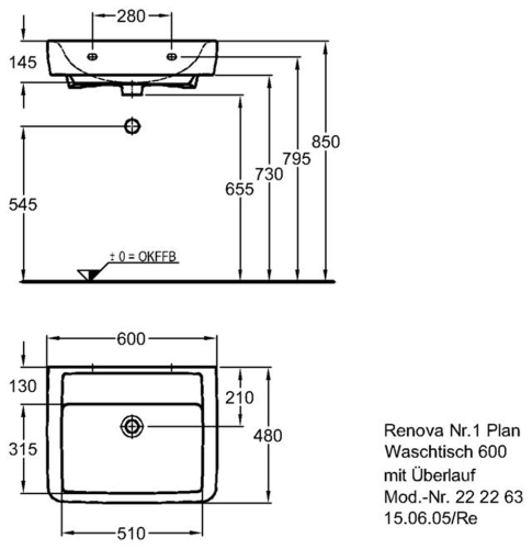 Keramag Renova Nr. 1 Plan mosdó csaplyuk nélkül keratect felülettel (60x48 cm, 222263600)