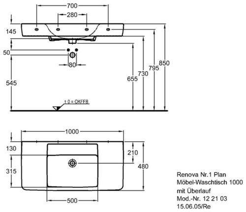 Keramag Renova Nr. 1 Plan mosdó bútorhoz csaplyuk nélkül keratect felülettel (100x48 cm, 122103600)