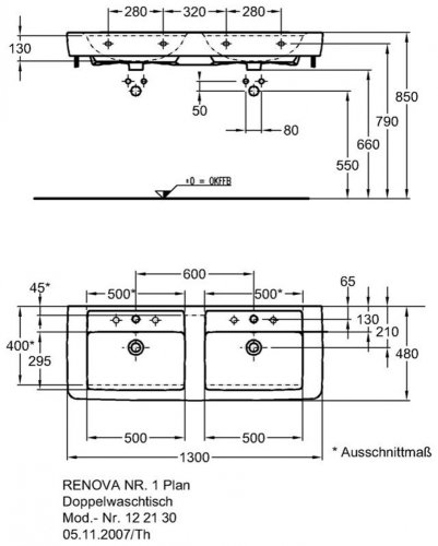 Keramag Renova Nr. 1 Plan dupla mosdó (130x48 cm, 122130000)